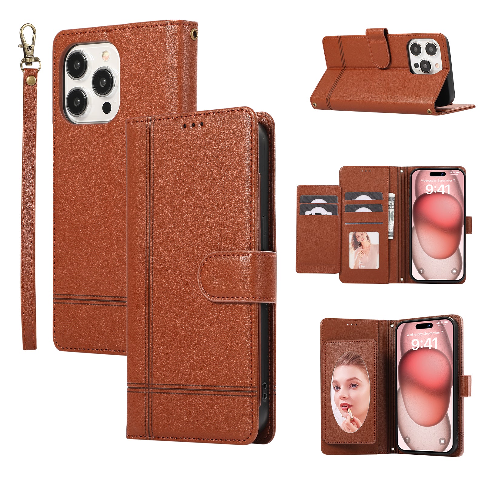 For iPhone 14 Pro Cell Phone Case Lines Imprinted Anti-drop Leather Cover with Mirror - Red For iPhone 14 Pro Cell Phone Case Lines Imprinted Anti-drop Leather Cover with Mirror - Red